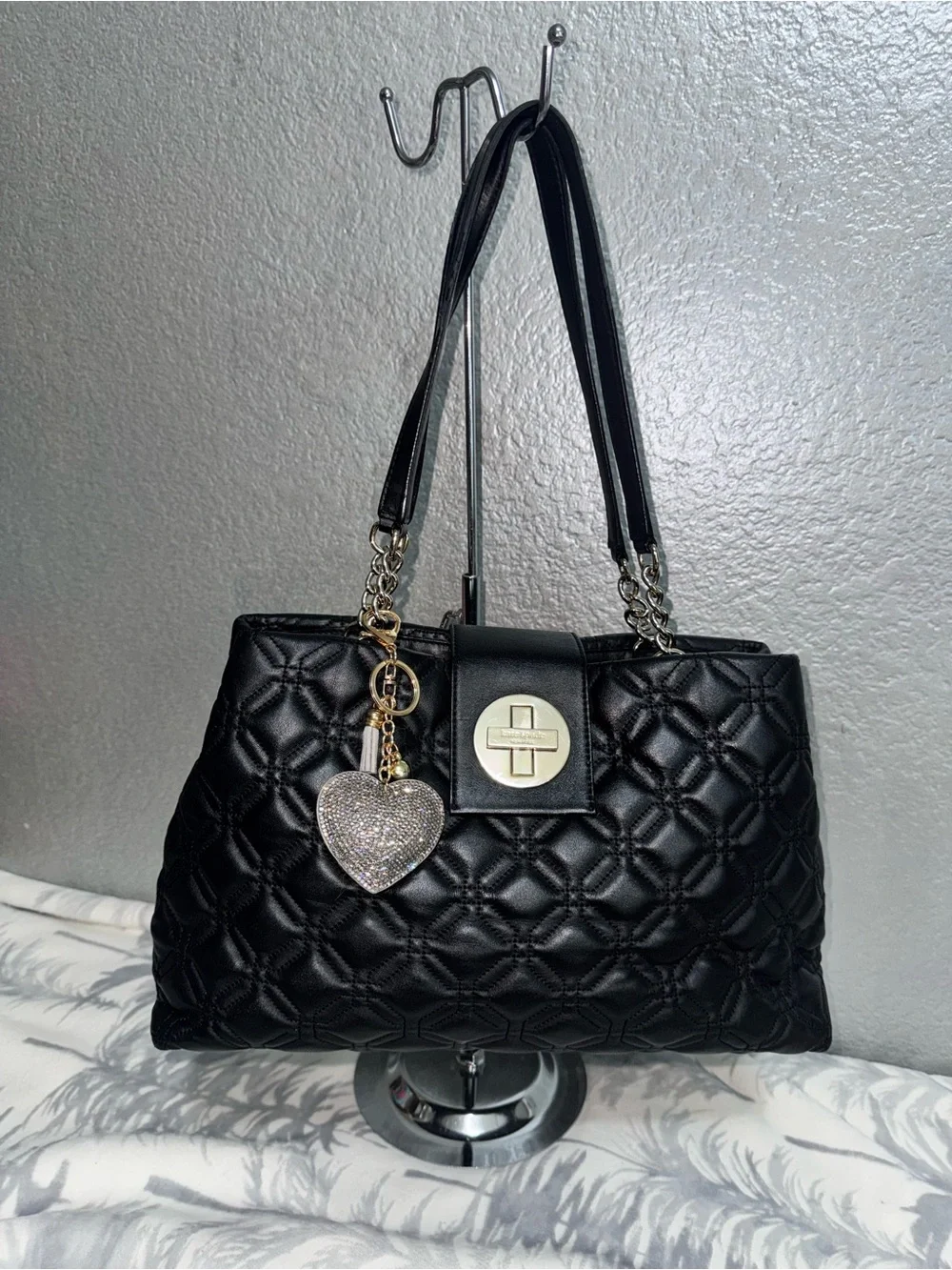 kate spade Black Quilted Shoulder Bag with Gold Hardware and Heart Charm